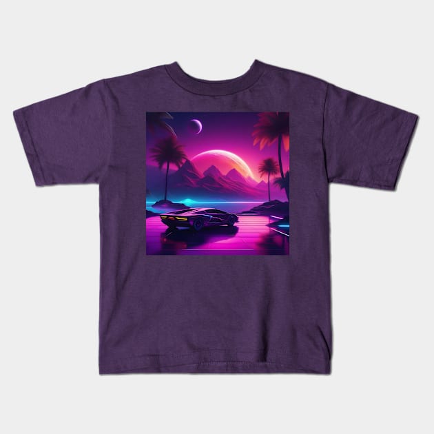 Synthwave space car Kids T-Shirt by Spaceboyishere